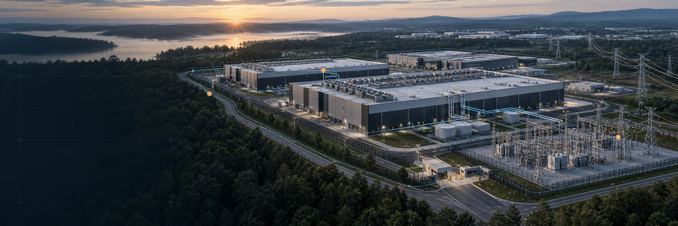 Secure high-density data center campus with power, cooling, and control infrastructure