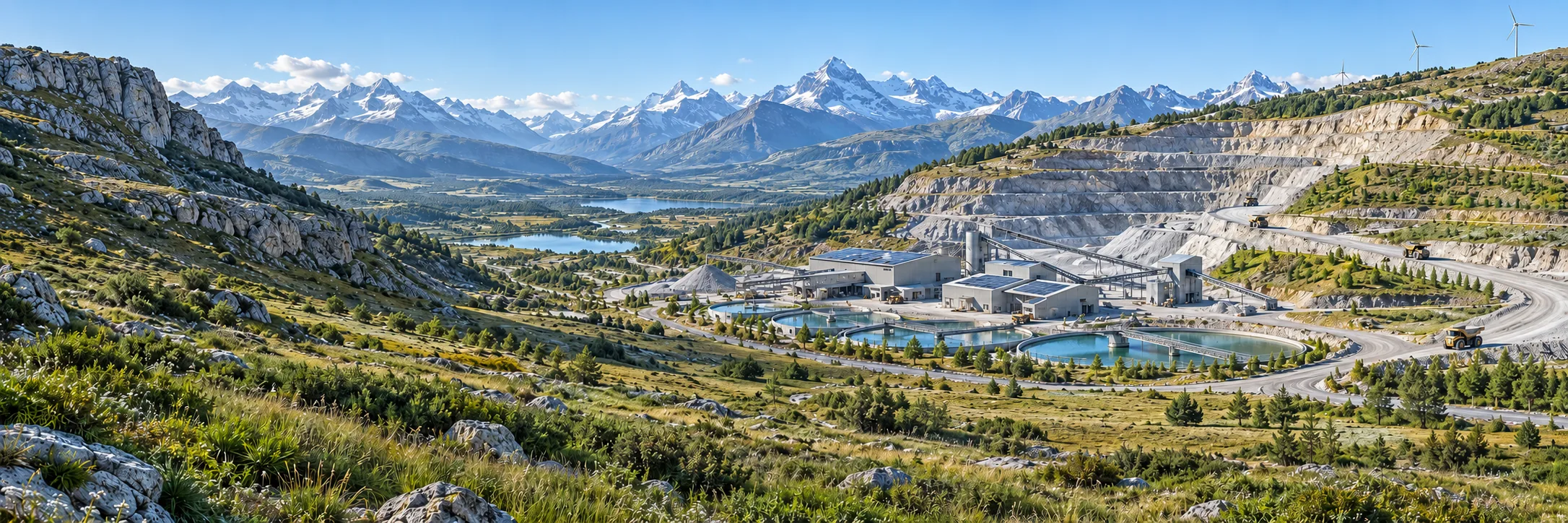 Conceptual alpine mining landscape with restored vegetation, solar-roofed processing facilities, water-treatment basins, and wind turbines
